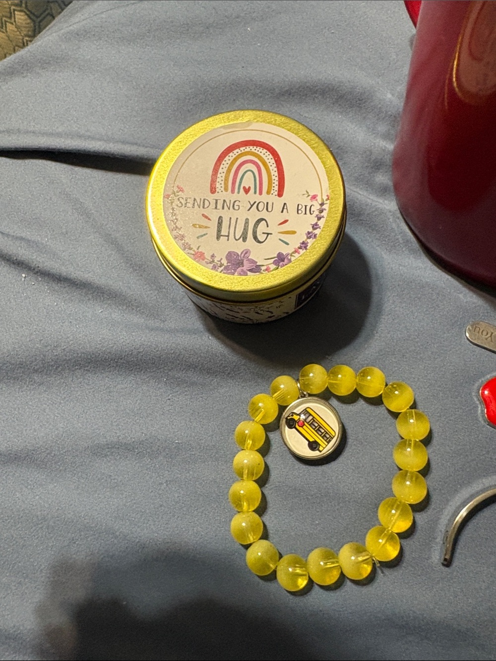 Teacher bundle has Ceramic Apple/yellow Pencil Lid on a cup, candle and jewelry - Picture 2 of 15